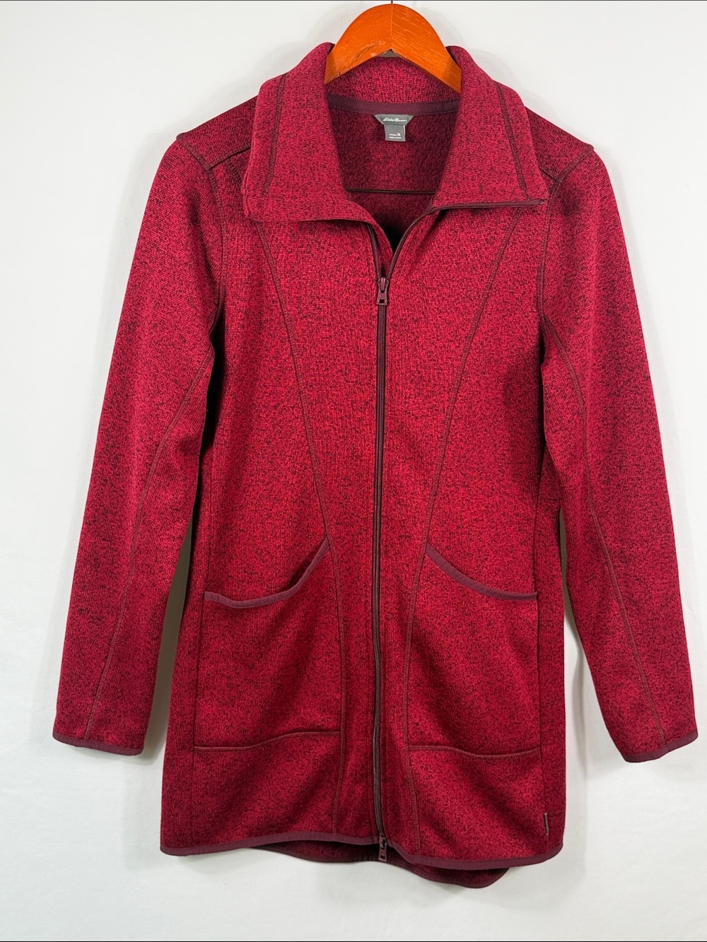 Eddie Bauer Marled Maroon Red Full-Zip Long Sweater Jacket. Womens Size M